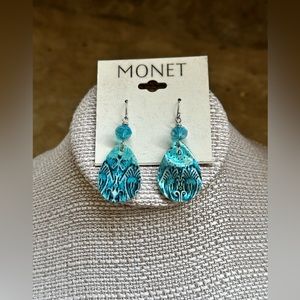 Silver Aqua Blue Shell Dangle Earrings